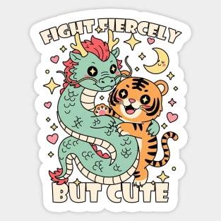 Cute Kawaii Dragon Hugging Tiger , Fight Fiercely But Cute Sticker
